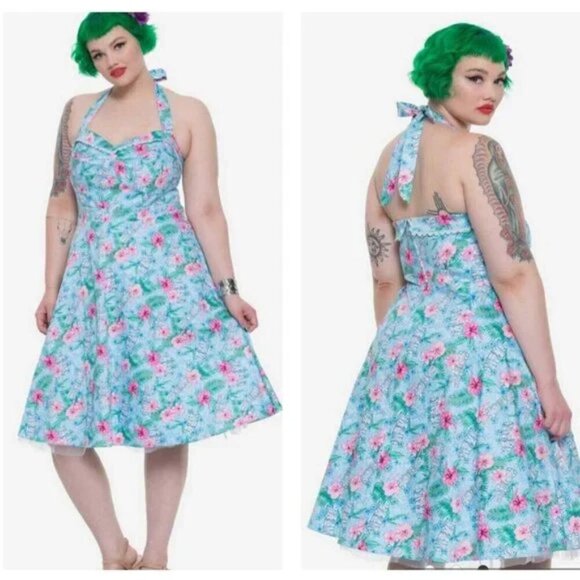 Hot Topic Floral Tiki Halter Tulle Fit & Flare Hawaiian Pinup Swing Dress - Picture 1 of 9